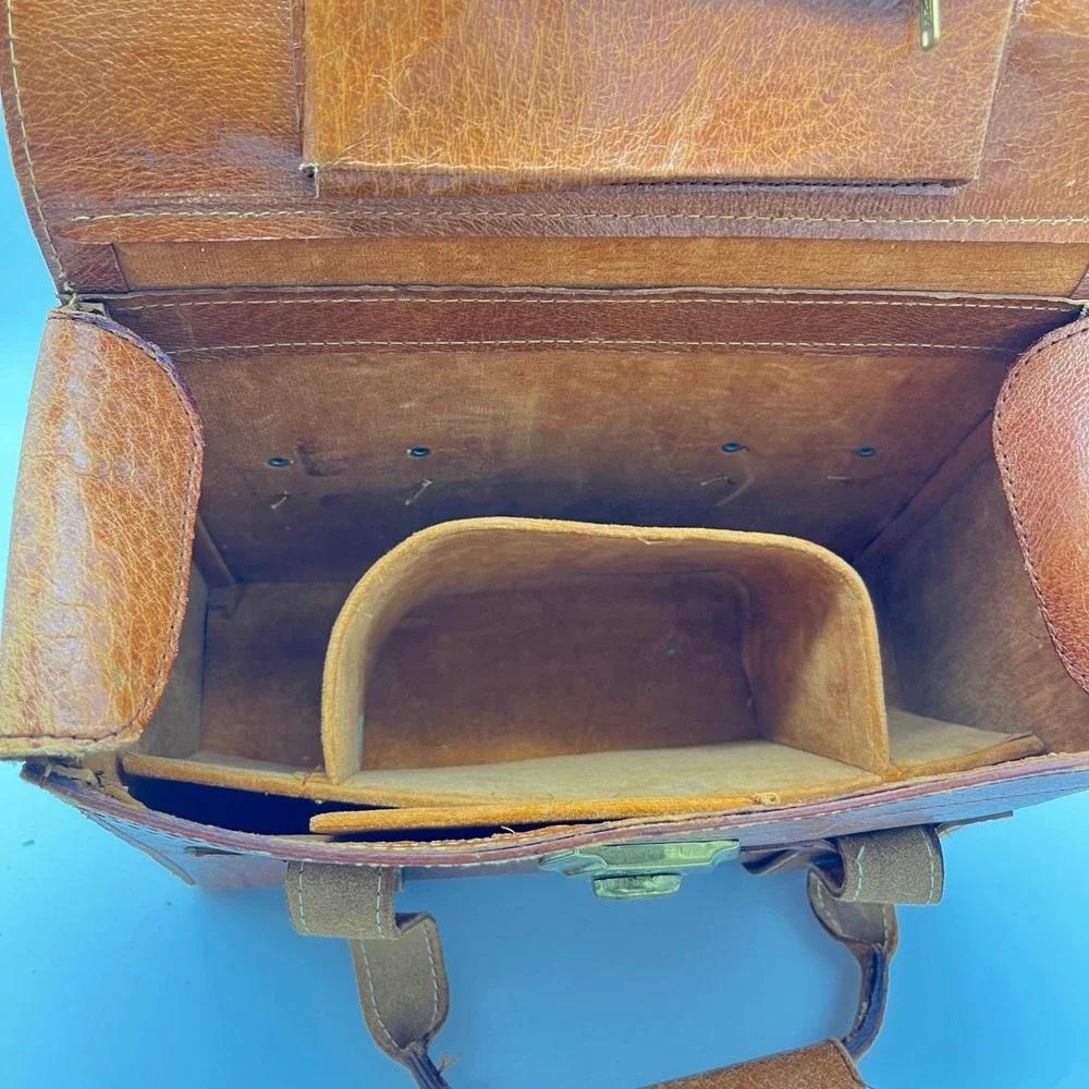 Vintage Camera Bag Brown Leather Train Luggage Small Travel Bag Gold Tone‎ Lock